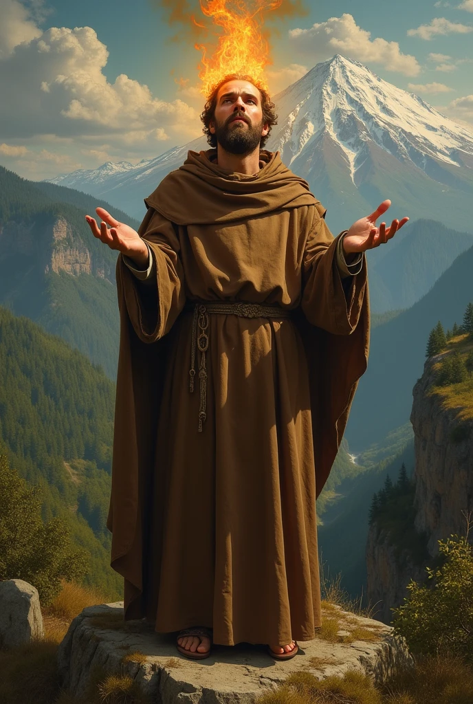san francisco de assis; wearing a brown monk's robe; Showing holes in his hand; On the top of a green mountain; Neve; On his head embers of fire; barroque;
