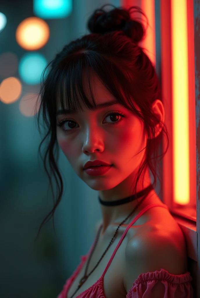 (a girl), (black eyes and eyebrows), (elegant), (beautiful), (red lips), (medium height), (blue t-shirt and black jeans), (tomato hair model), (mixed emotions) of happiness and sadness), (cleaning a single house), (the presence of neon lights), sharp focus of Fujifilm XT3, professional lighting, vivid colors, intricate details, film grain, realistic painting art of Fujifilm XT3, f5.6, landscape, (best quality, 4k, 8k 16k, highest, masterpiece: 1.2), (realistic, real photography, real photo: 1.37), (very detailed CG unit, 16k wallpaper), using the most advanced Deep learning models and adjusting parameters based on quality criteria such as structural similarity (SSIM) and perceptual loss to create an image that is indistinguishable from a real, high-quality photo, make sure that the scene looks and the young woman in harmony with The environment is integrated, (fine tuning), (be creative), (ultra-high quality, ultra-realistic, high-detail, high-quality image, sharp focus, professional lighting, vivid colors and intricate details),