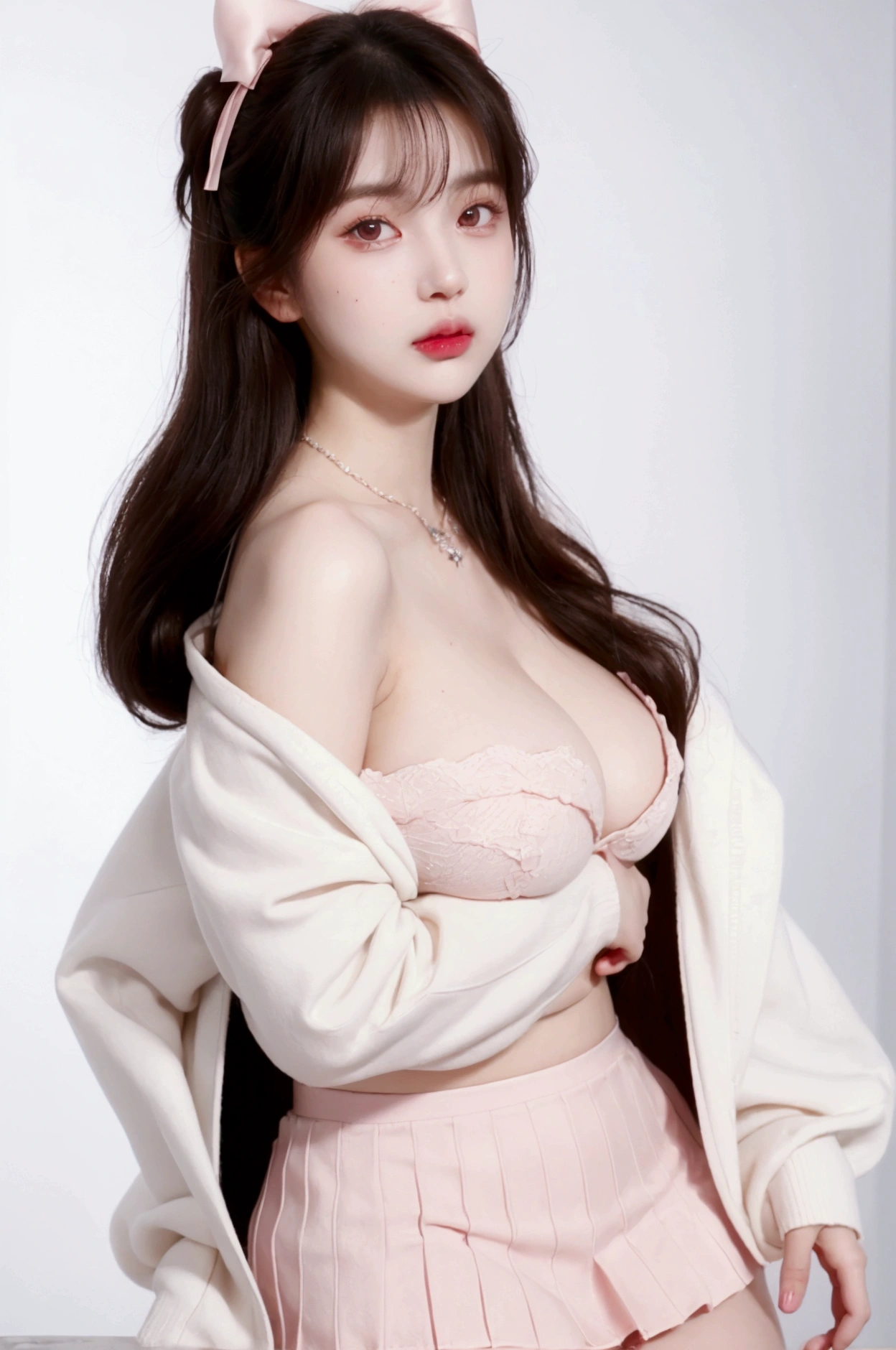 Kim Jennie with white brown hair, with curlers at the ends, with two bows on each side of the hair, all her hair white brown, with a star clip in her white brown hair, light colored eyes, pretty eyes, crying eyes, pretty, upturned nose, watery nose, Pretty lips, pink lips, heart and cupid shaped lip, pretty skin, pale, White skin, with moles and freckles all over his face, soft pink blush on the cheeks, natural pink blush, soft pink makeup, Jennie, nice neck, marked collar, frown, tender look, with a kiss necklace, a pretty kiss necklace, similar to Yumeko Jabami, while wearing a Crochet YK2, woolen, with a YK2 style brown mini skirt, while wearing a jacket with bear prints, while having a bare abdomen, Delgado, marked and pretty, (big breasts, soft breasts,no breasts), while she is cosplaying the character Yumeko Jabami, The anime Kakegurui, looking to the camera a walking on rod