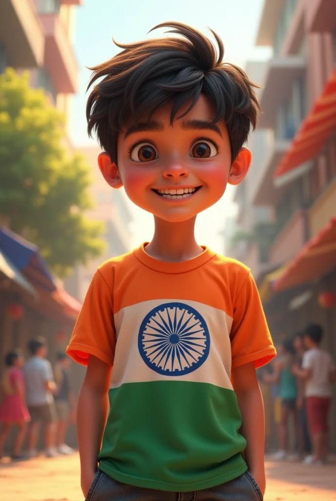 A boy wearing a t-shirt with the Indian flag on it, and the boy's name is Shaif. 