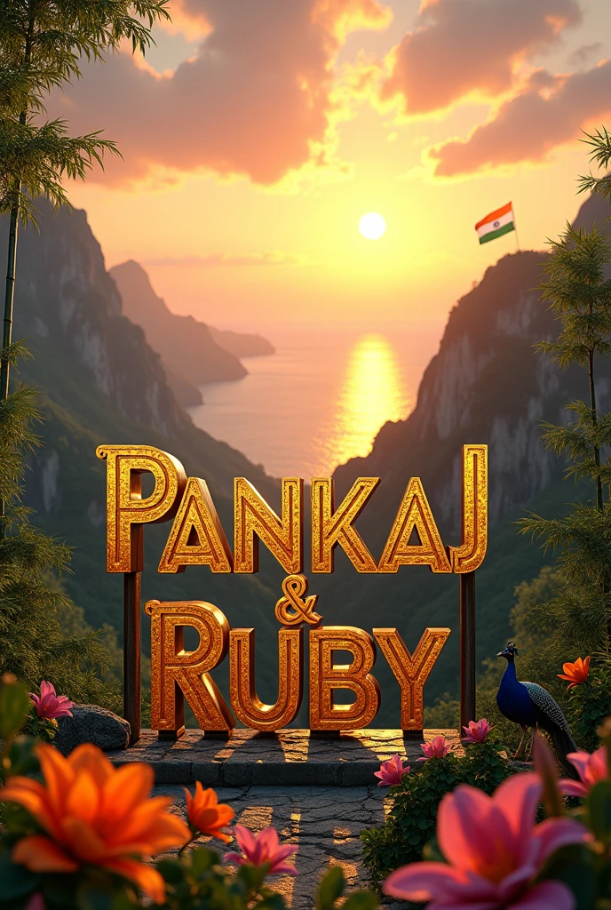 PANKAJ & RUBY NAME WEITTEN big size golden color ON MOUNTAIN WITH INDIAN NATIONAL FLAGE SUN RISING AND SEA WATER WITH FLOWER. WITH BAMBOO AND PECOCK