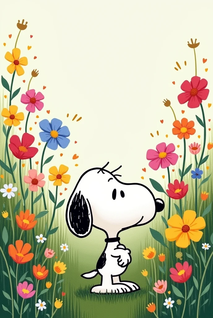 Drawing of Snoopy in a field of flowers