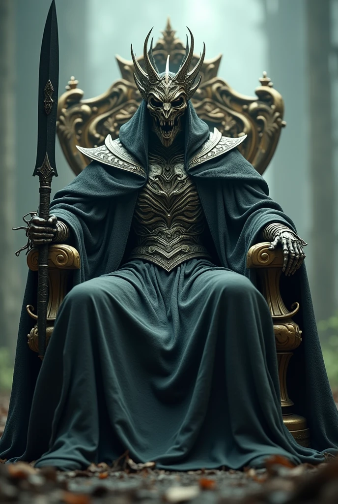 King of the Dead, sitting on the throne, King of the Dead with a crown of bones, net, black robe, with a black blade in hand, Fantasy, dramatic photo, Dynamic photo, full body view, Model poses, blurred background, very detailed, ultra-realistic, 8 K, (realistic:1.3), Poster, complex parts, drawing \(Artwork\), ((masterpiece,Best quality)), ((cinematic light)), hyperealistic, terrifying, dark Fantasy \(style\), Detailed armor, detailed helmet, Eight hands, Eight Eyes, Horrible, scary, ugly, (dark shot:1.17), epic realistic, faded, ((neutral colors)), Art, (HDR:1.5), (muted colors:1.2), hyper-detailed, (Artstation:1.5), cinematic, warm light, dramatic light, (complex parts:1.1), complex background, (rutkowskyi:0.8), (Turquoise and orange:0.4)