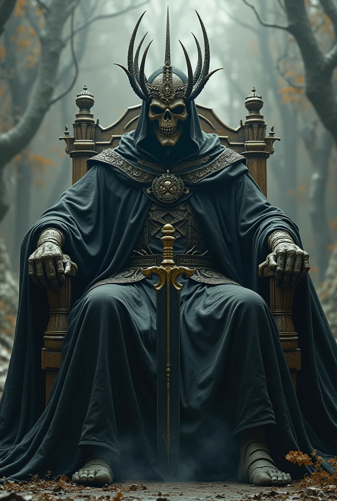 King of the Dead, sitting on the throne, King of the Dead with a crown of bones, net, black robe, with a black blade in hand, Fantasy, dramatic photo, Dynamic photo, full body view, Model poses, blurred background, very detailed, ultra-realistic, 8 K, (realistic:1.3), Poster, complex parts, drawing \(Artwork\), ((masterpiece,Best quality)), ((cinematic light)), hyperealistic, terrifying, dark Fantasy \(style\), Detailed armor, detailed helmet, Eight hands, Eight Eyes, Horrible, scary, ugly, (dark shot:1.17), epic realistic, faded, ((neutral colors)), Art, (HDR:1.5), (muted colors:1.2), hyper-detailed, (Artstation:1.5), cinematic, warm light, dramatic light, (complex parts:1.1), complex background, (rutkowskyi:0.8), (Turquoise and orange:0.4)