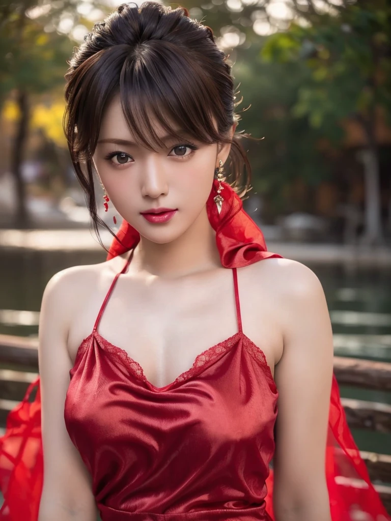 1 female, Updo, (Ultra Realistic, High resolution), (Highly detailed eyes, Highly detailed hair, Highly detailed face, Highly detailed plump lips), (off shoulder with open chest), chest, Upper Body, Looking for a Smile, (Highest quality:1.4), RAW Photos, (Realistic, photo-Realistic:1.37), Professional photography, Cinematic Light, (Beautiful Face: 1.2),(((Red silk cami 1.5)))、High Leg、Mid shot photo 1.4、(((小さいchest1.5)))、(Slender body type 1.2)、Bedroom、Be sure to watch your audience、