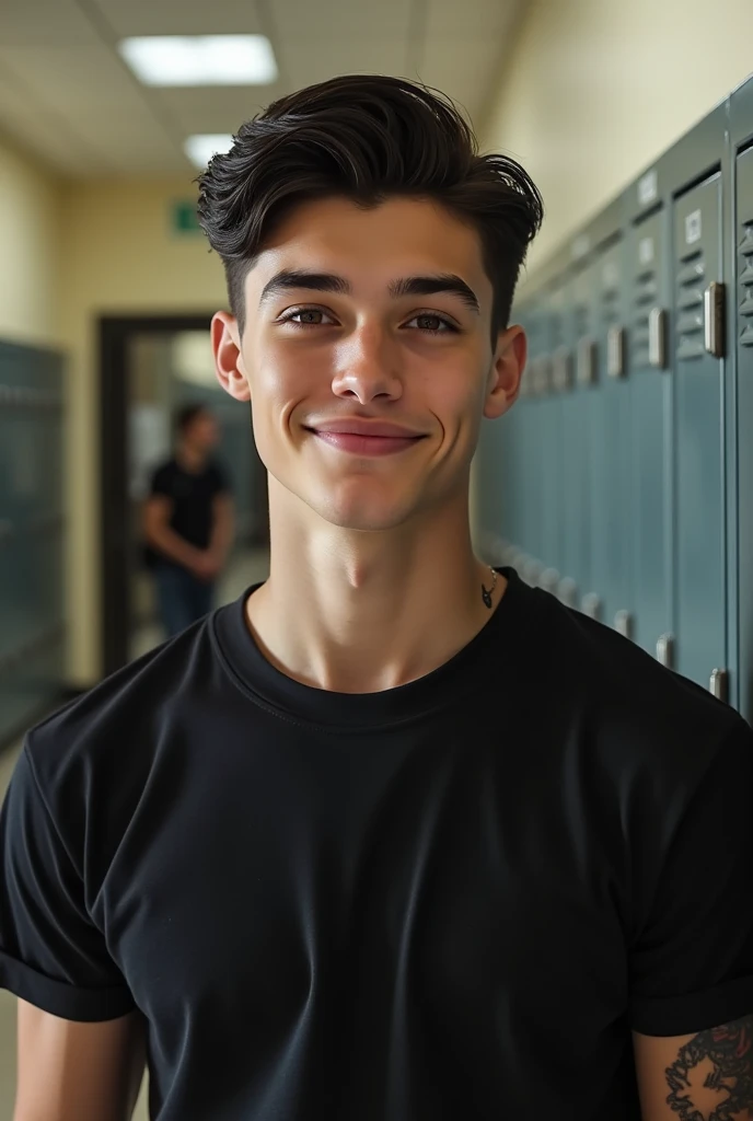 An American young man drawing from the waist up, in the hallway of an American school filled with lockers. short straight black hair, modern updo short hair. very black eyes and long dark eyelashes, Curvilinear, straight eyebrow. A smirk playing on his lips, but playfully. straight snub nose, sharp, masculine jawline, Caucasian skin, but with a slight tan under his eyes and nose. Fine and square lips. Tem um piercing labret na boca, right side. a tattoo on the side of his neck of a black and white rose. athletic and defined body. suntanned, square waist. He wears a black Calvin Klein t-shirt. Similar to Shawn Mendes.