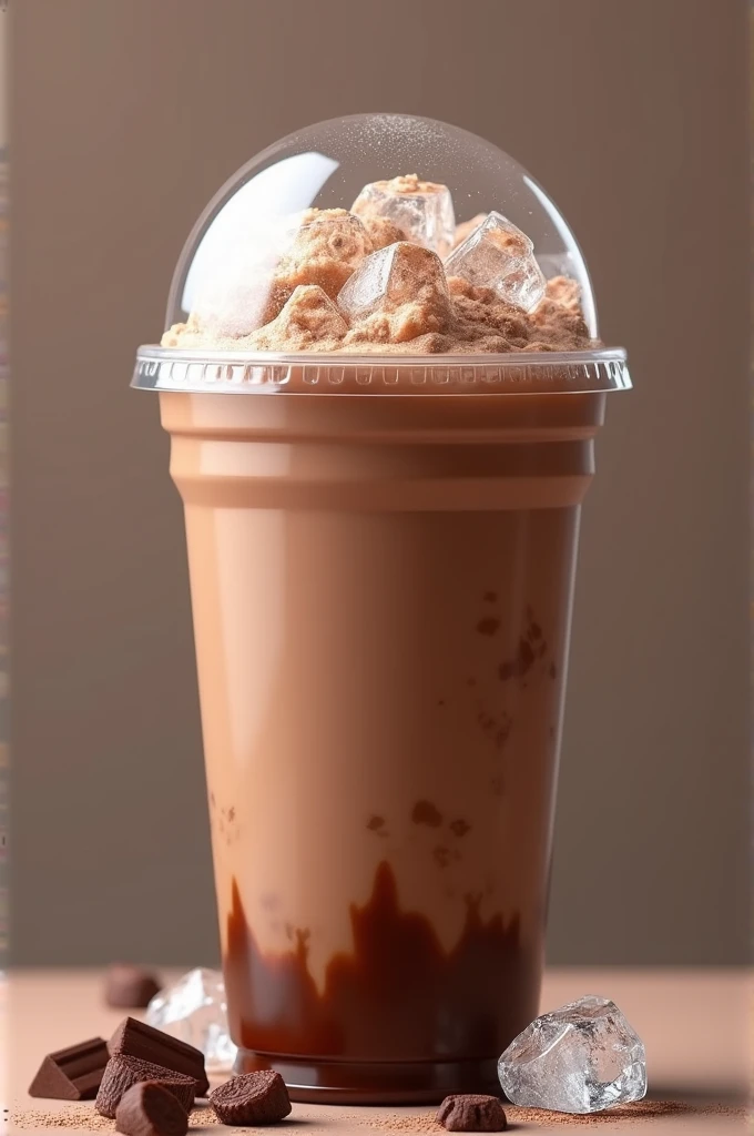 Chocolate milk ice drink in a plastic big cup filled with full of crystals clear ice cube. Look tempting, realistic, HD, advertising