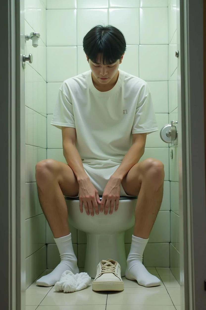 Korean male idol shitting in toilet in bathroom, White shoes, white socks, Take off your pants, shame, Urgent, Wearing a high school gym uniform