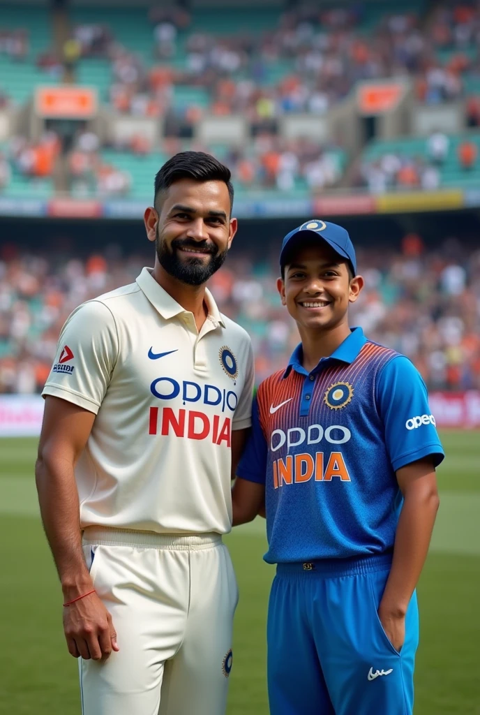 Virat Kohli and a fan boy taking photos in stadium with Indian jersey