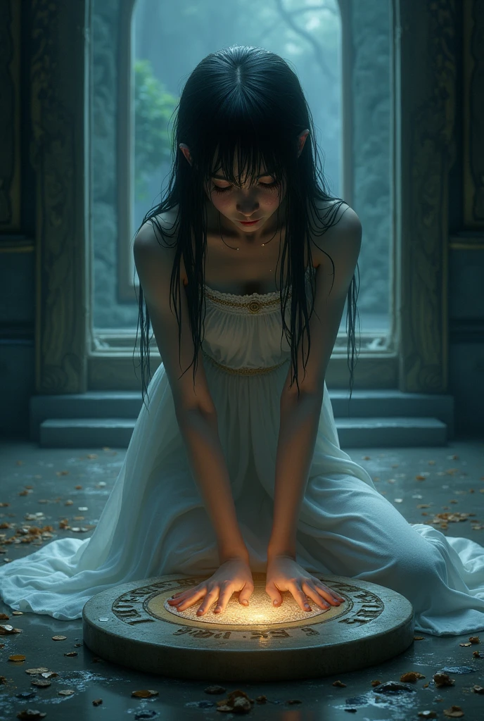 A girl shedding her tears on a shivaling stone