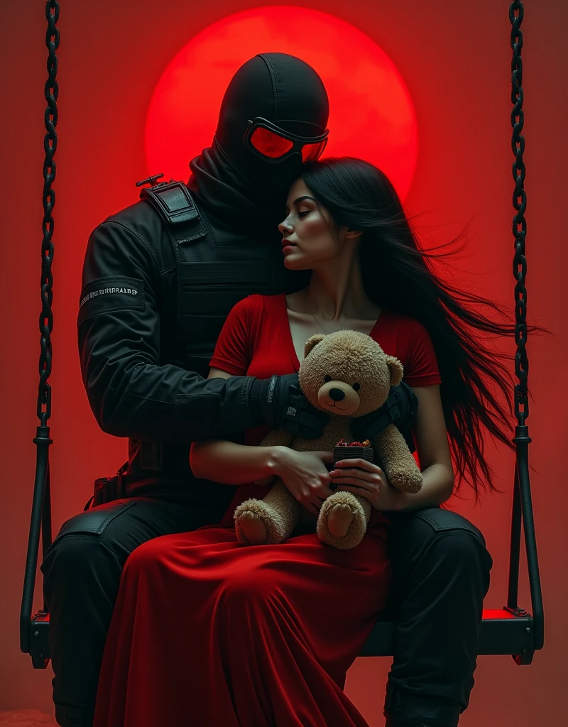 F.E.A.R. operative wearing tactical black balaclava and red googles is hugging in red dress with tall black hair while she is sitting on the swings and holding plushie bear with music box. The sky is red. Her height is short and height of operative is tall.
