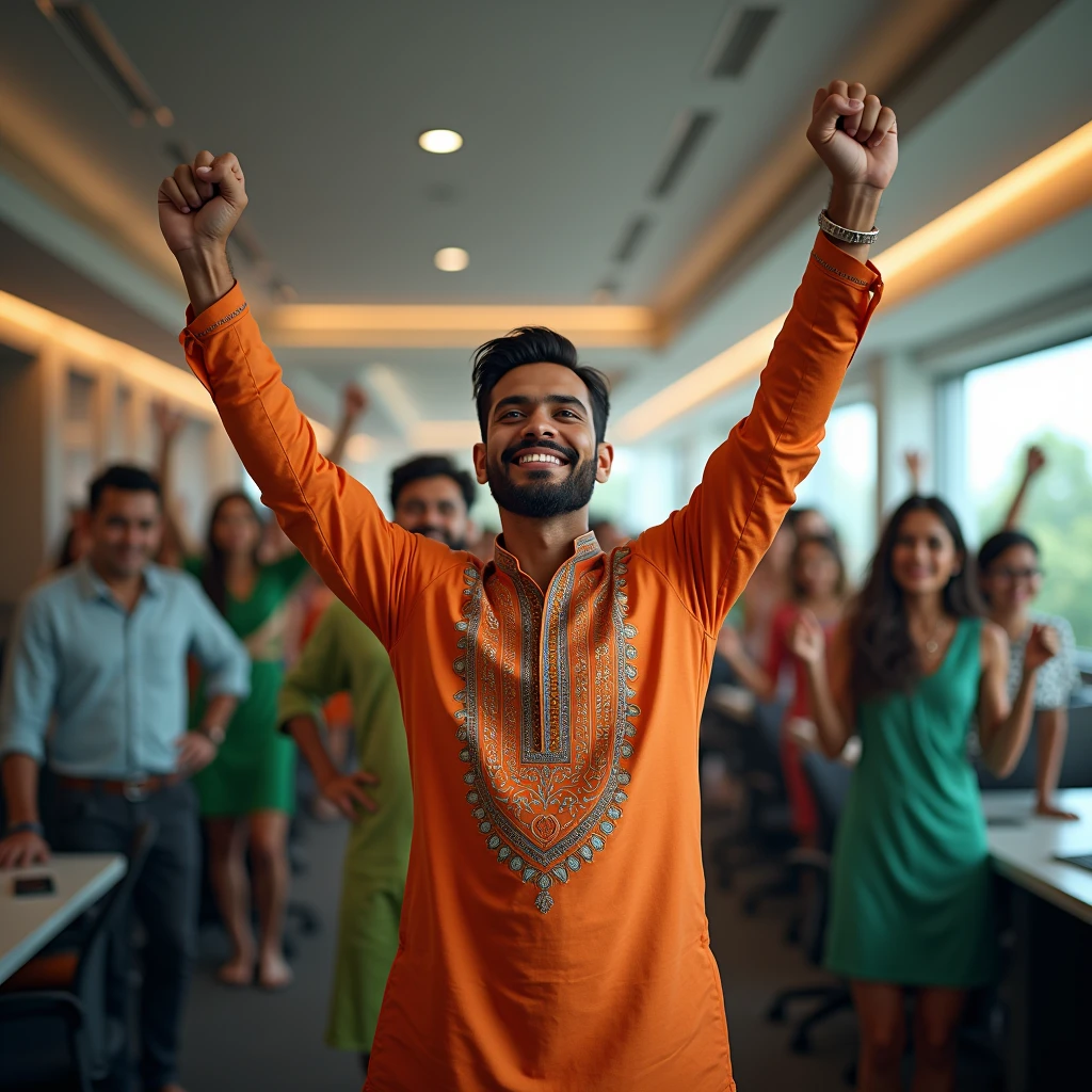 An Indian freelance digital marketer, age 28, very handsome, clean shave, without beard, celebrating India's Independence day with his freelancers team, wearing an Indian flag kurta pajama, a well done digital marketing agency office interior background, perfect composition, hyperrealistic, super detailed, 8k, high quality, trending art, trending on artstation, sharp focus, studio photo, intricate details, highly detailed
