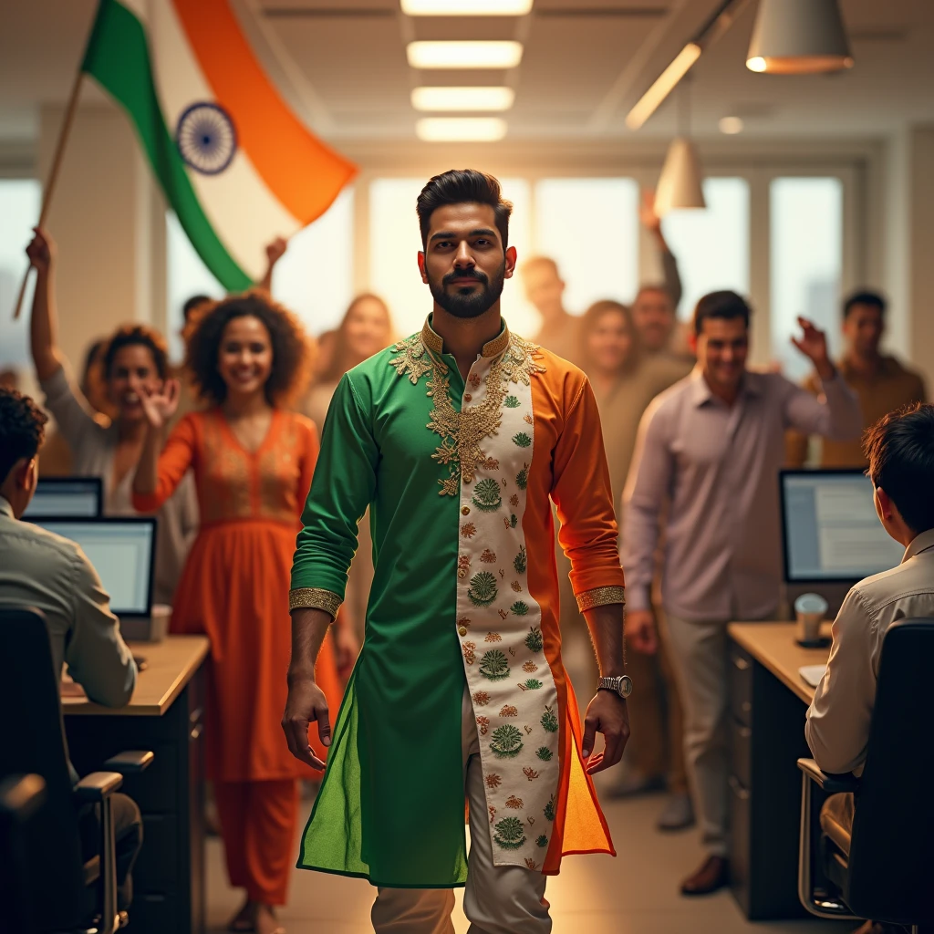 An Indian freelance digital marketer, age 28, very handsome, clean shave, without beard, celebrating India's Independence day with his freelancers team, wearing an Indian flag kurta pajama, a well done digital marketing agency office interior background, perfect composition, hyperrealistic, super detailed, 8k, high quality, trending art, trending on artstation, sharp focus, studio photo, intricate details, highly detailed

