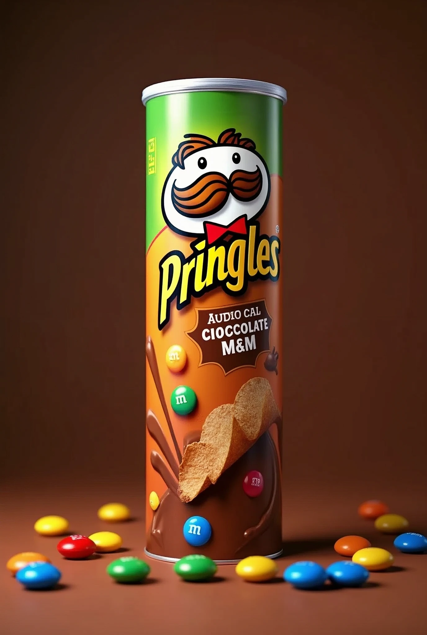 A can of chocolate flavored Pringles chips&M