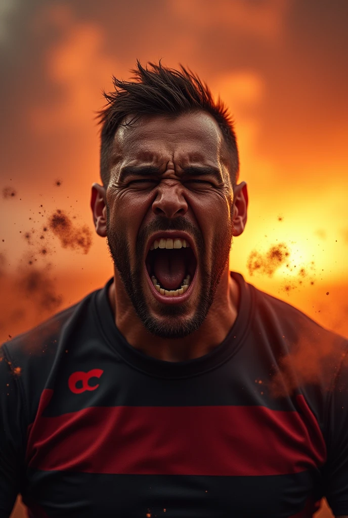 (photorealism:1.2),  rugby player dusk orange dusk cloudy day screaming face fire background dusty 