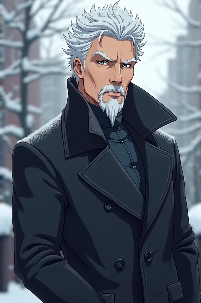 Sexy and imposing man of about 39 years old, snow-white skin, grey eyes, White hair, dressed in a stylish winter coat with a short goatee beard, Wrinkle-Free Anime CHICHON