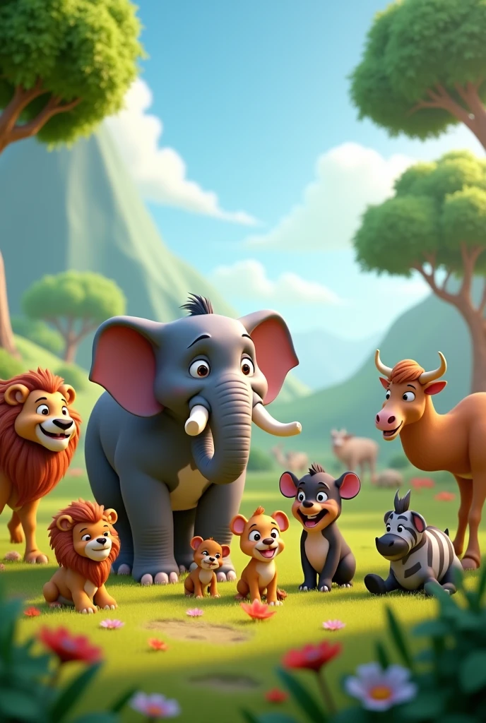 In 3d animation style 'मोहन elephant और चंपा monkey द्वारा सुरक्षित स्थान पर लाए गए lion ,dogs , cows , camel,zebra को खुशी और राहत के साथ दिखाते हुए।