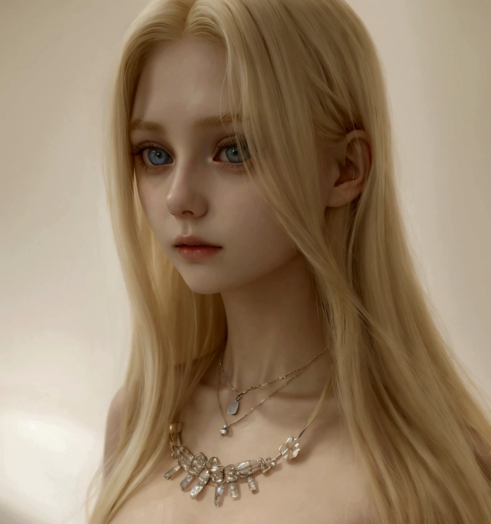 blonde girl with a necklace and a necklace on her neck, 19 year old girl, 18 years, extremely pale blonde hair, , long blonde hair and big eyes, portrait of Kim Petras, very very pale blonde hair, with long blonde hair, long blonde hair and big eyes, A girl with blonde hair.