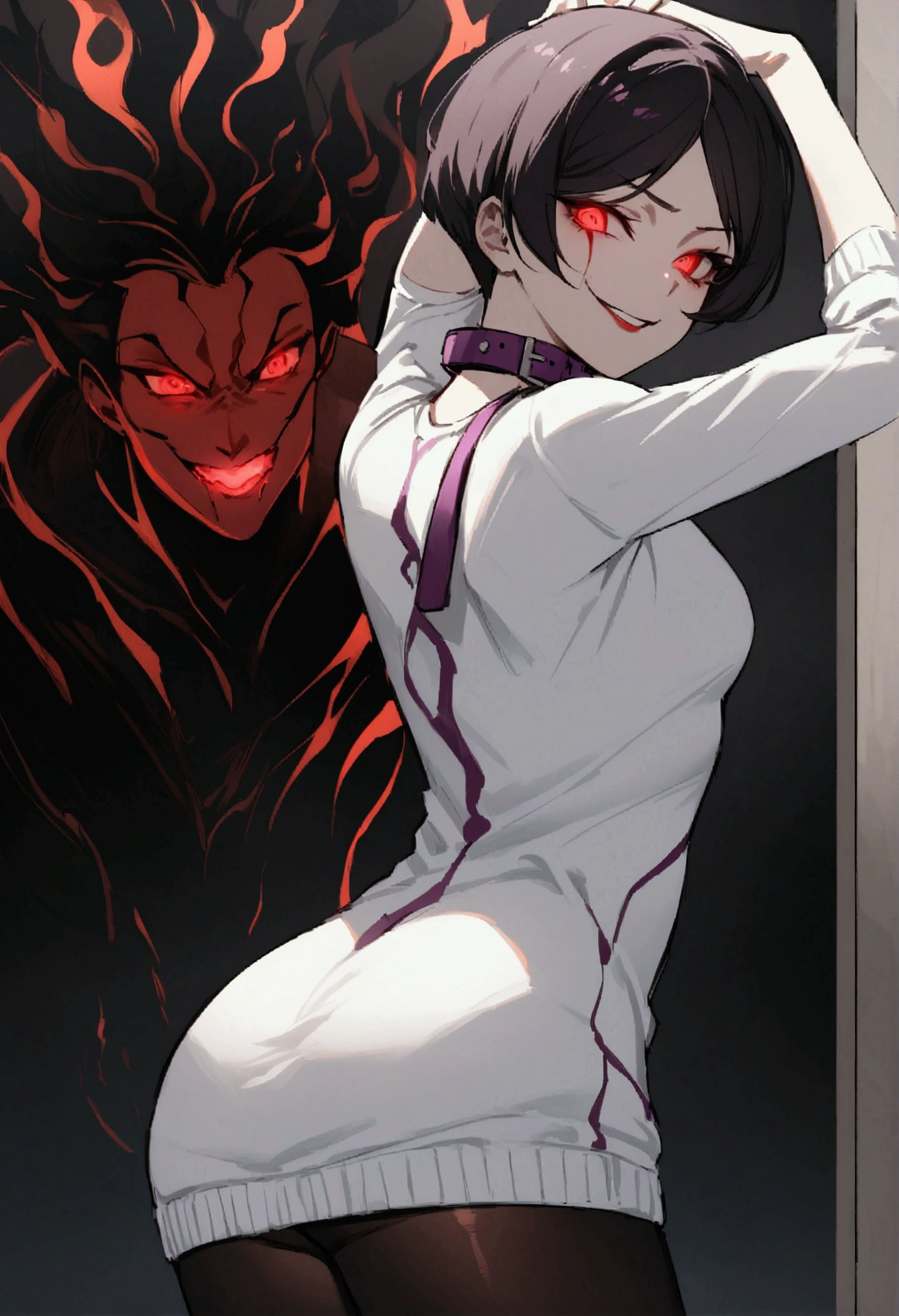 standing backwards,looking back,standing,alone,short hair with purple details,work of art,face detailed,young fitness linda,Wearing black pantyhose,tight white sweater with collar ,neckleace,evil smile,red eyes glowing,labiaa,eye shadow,bangs on the eyes,Hands behind the head ,burning eyes