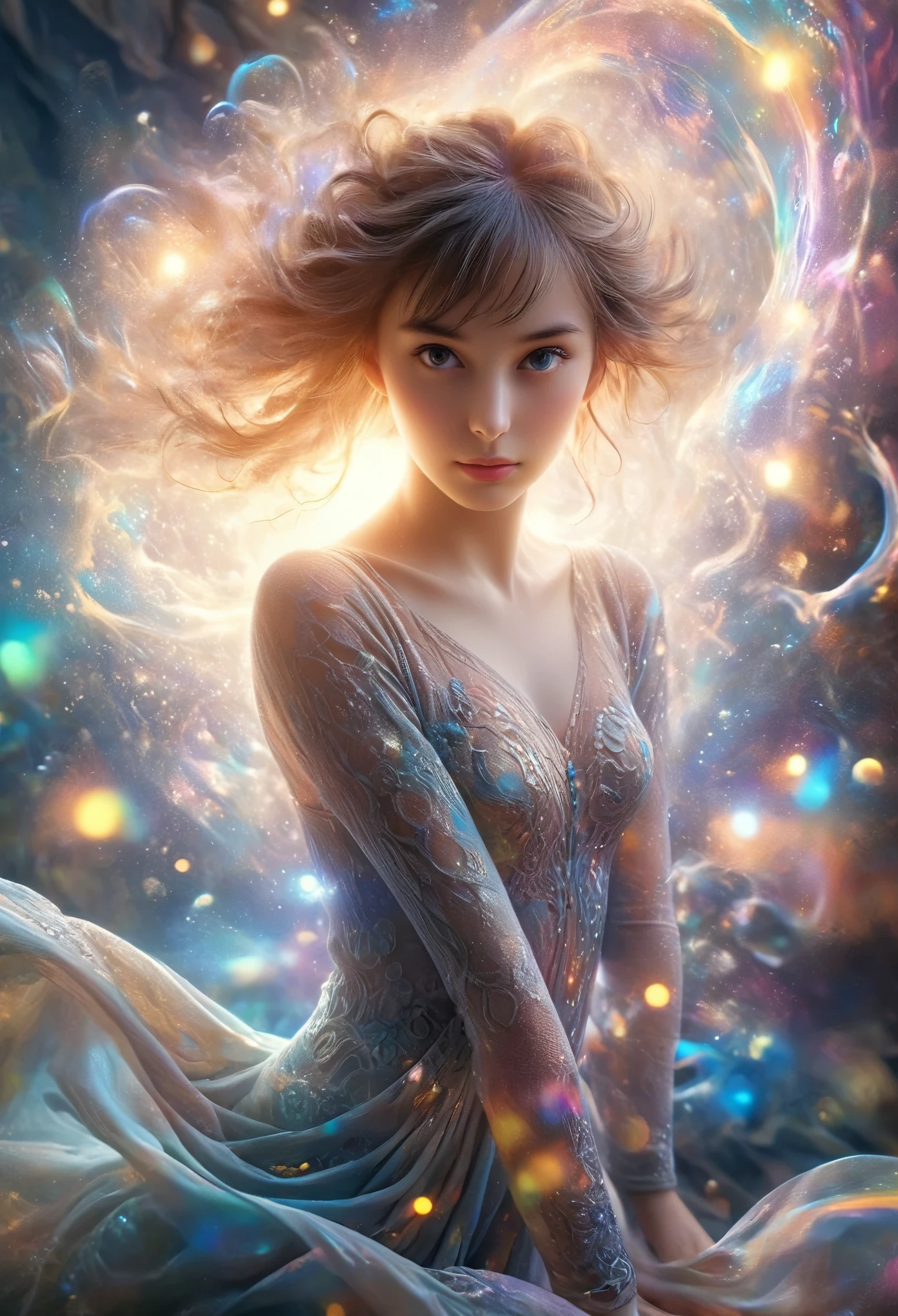 (((Exquisite))) Openwork tights, High quality details, Flowing, dynamic, (1 female), Bright Eyes, Full of energy, Fascinating front and back, Silk texture, Expressing high-quality texture, Giant bubbles, Soft Light, Full of realism, At the moment, this girl is in a fantasy world..