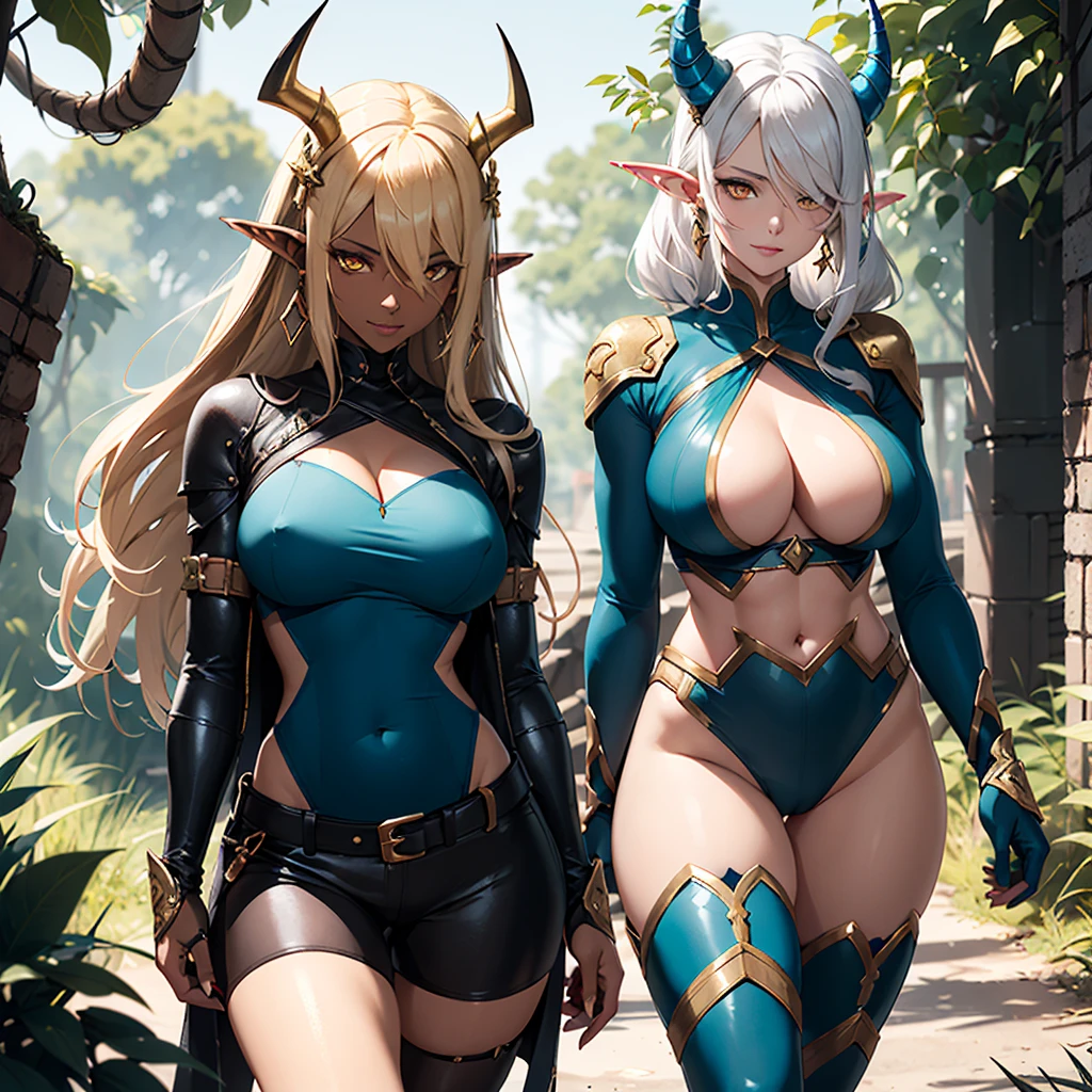 ((best quality)), (detailed), 1 women big pornstar dark barbarian class, 8k_wallpaper, extremely detailed eyes, (large masterpiece digital art), (intricate details:1.3 ), (ultra-detailed:1.3), (sharp focus:1.3), (natural lighting:1.05), (vivid colors:1.3), (best quality:1.4), expressive eyes, full body, detailed face, beautiful face, perfect face, ((hair sandy white curls)), ((gold horns)), (gold eyes), {{dark skin}}, ({dark skinned female}), big breasts, huge chest, powerful relief muscles of the abdomen and legs, powerful strong muscles of the arms, belly piercing with blue emeralds, cruel predatory and cold-blooded arrogant look and smile, an open blue coat with rolled up sleeves, a translucent yellow crop top very clear outlines of huge pointed nipples with large piercings under the fabric, steel combat pauldrons, steel bracers and leather gloves, leather shorts, walks along the path against the backdrop of a ruined elf village and flowering vines and wild forests, style dark fantasy and adventure fantasy world,
