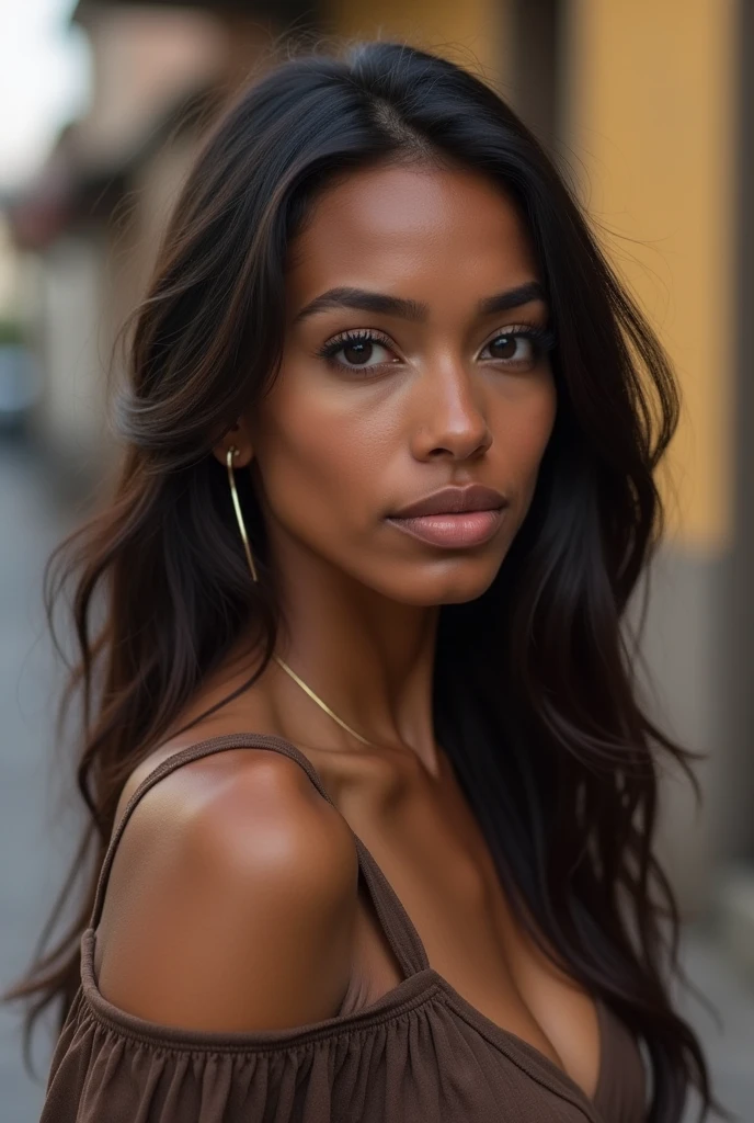 Create a realistic 4k style scene of a beautiful 30 year old woman, with features similar to Aleisha Allen, looking forward, a serious but elegant face, tanned brown skin color, oval face shape, slightly with dark circles and slightly drooping upper eyelid, Wide nose, punta de la nariz slightly drooping, Slightly marked nasolabial folds, thick lips like a black woman, corner of the mouth ,slightly drooping, extremely small natural breasts, full body photo, height 167 cm tall, with casual clothes, street in the city of Quito Ecuador, (very detailed skin:1.2), 8k hd, DSLR, Soft lighting, high quality, film grain, Fujifilm XT3