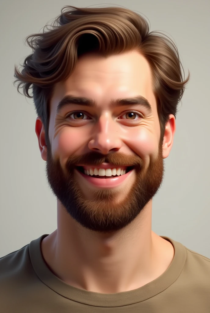 good, he is white skin color, brown hair not so big, bearded, light brown eye