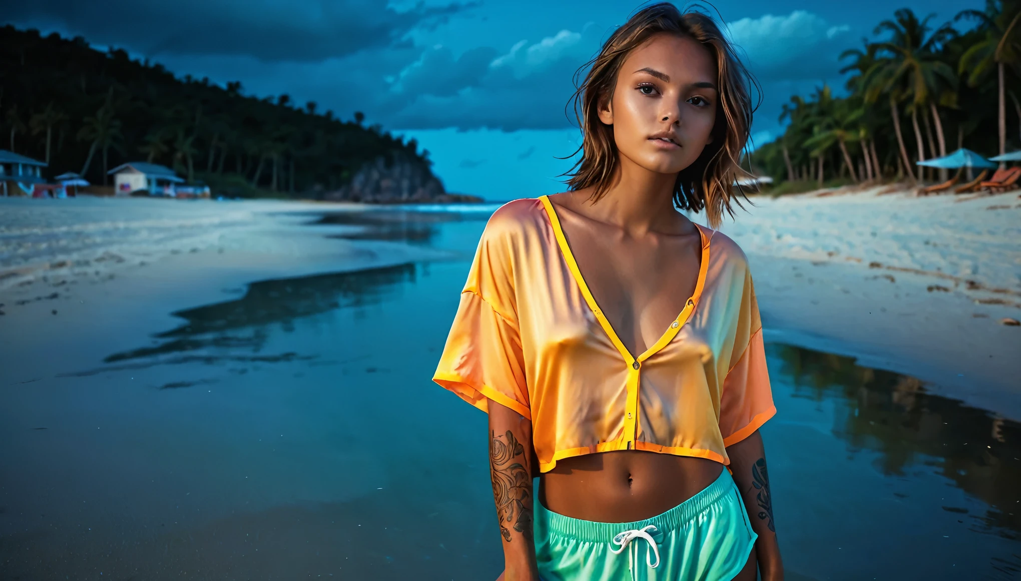 ambient lighting, (cute sporty girl, young, barely legal, tanned skin), ((oversized loose very thin silky crop blouse with plunging neckline and boxers, short, wide neckline, deep neckline, random colors)), (cozy cabana at the beach, outdoor, tropical ressort, wet), ((((big natural breasts, small hips, detailed face, long natural welled hair, some tattoos)))), moody atmosphere, random neon colors, intricate details, at night, random pose, backlit, full body shot