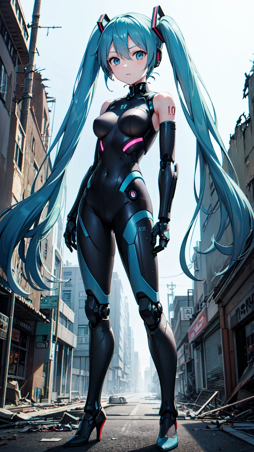 Hatsune Miku Vocaloid、Twin tails、Light blue hair、Bright Blue Eyes、High heels、Highly sophisticated cyborg, Arms folded in front of the destroyed city, Bionic body with futuristic details. (Arms folded in front of the destroyed city、A highly sophisticated cyborg, Bionic body with futuristic details.)