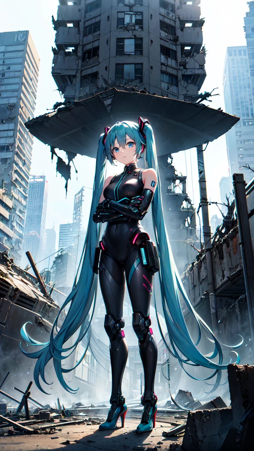 Hatsune Miku Vocaloid、Twin tails、Light blue hair、Bright Blue Eyes、High heels、Highly sophisticated cyborg, Arms folded in front of the destroyed city, Bionic body with futuristic details. (Arms folded in front of the destroyed city、A highly sophisticated cyborg, Bionic body with futuristic details.)