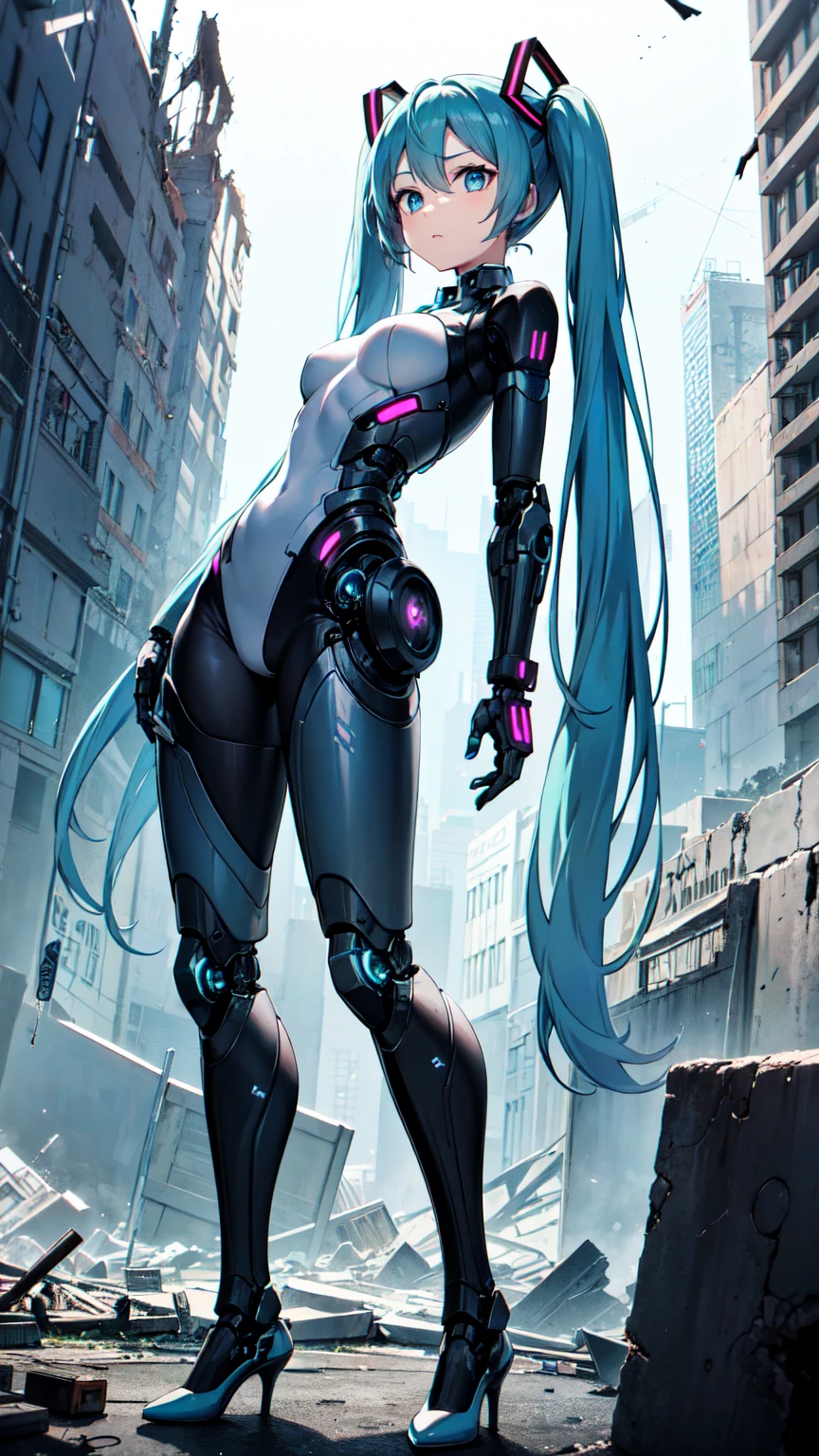 Hatsune Miku Vocaloid、Twin tails、Light blue hair、Bright Blue Eyes、High heels、Highly sophisticated cyborg, Arms folded in front of the destroyed city, Bionic body with futuristic details. (Arms folded in front of the destroyed city、A highly sophisticated cyborg, Bionic body with futuristic details.)