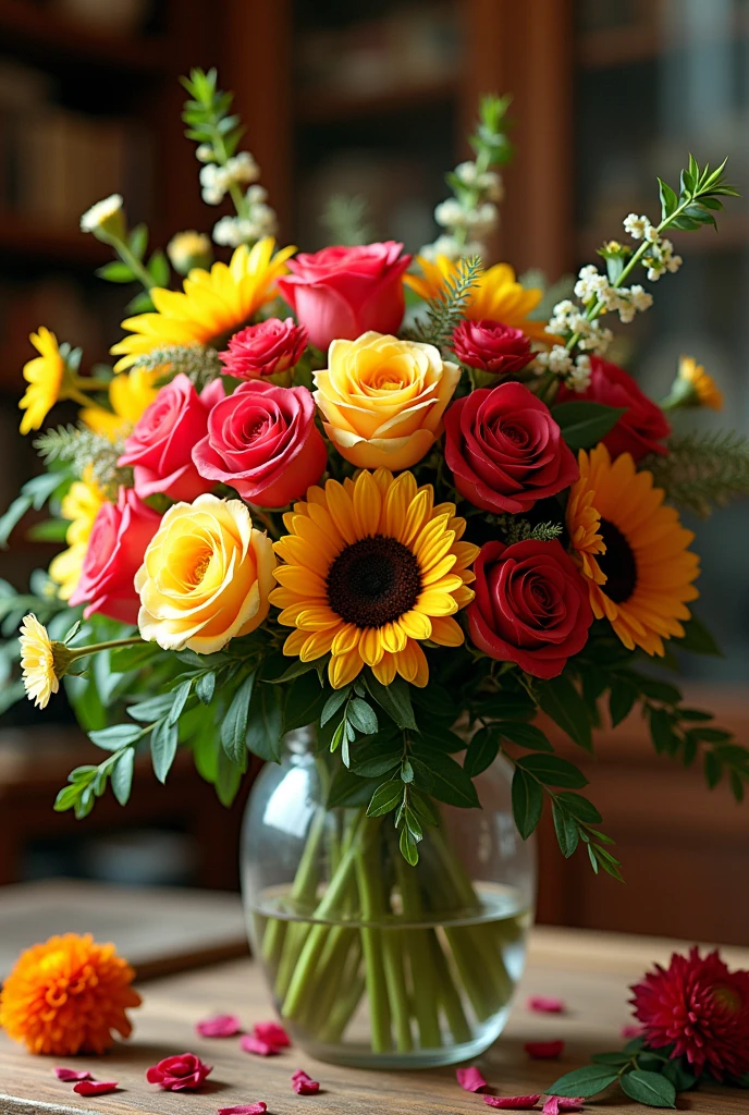 A bouquet of roses and sunflowers, interspersed with leaves, decorating the house.