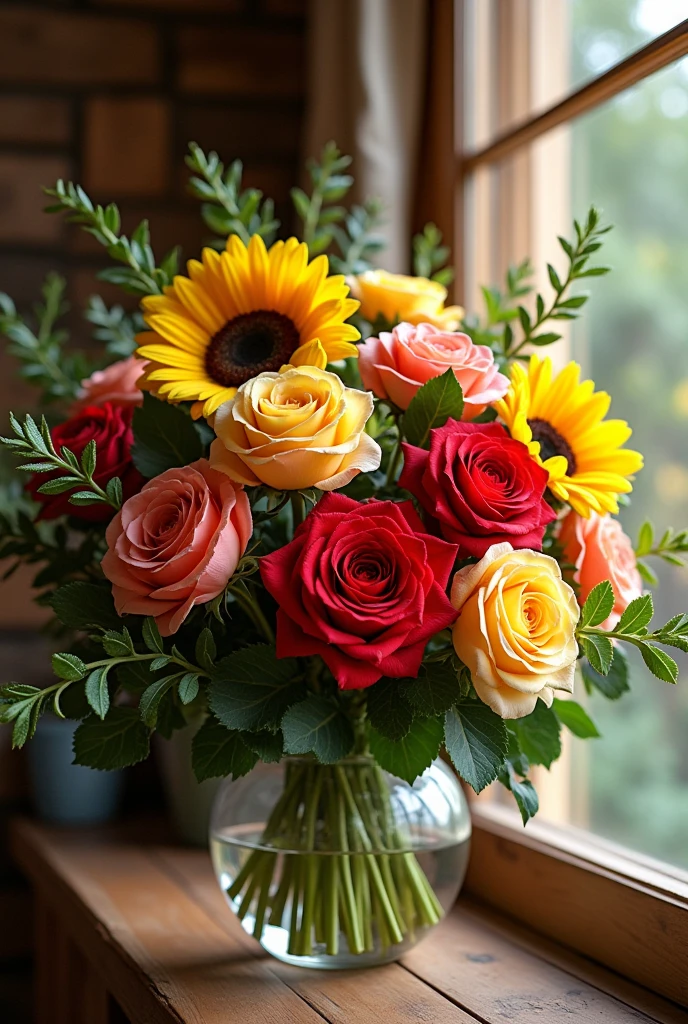 A bouquet of roses and sunflowers, interspersed with leaves, decorating the house.