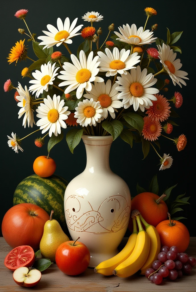 create a still life image with a vase with daisies, the vase design is oval at the top with 2 wavy lines below, 2 sic sacs with dots below each one, at the bottom a cracked design,On the right side an orange with a pear and on the left side an apple on top of a watermelon. On the bottom a tomato, on the left side some grapes and 4 bananas