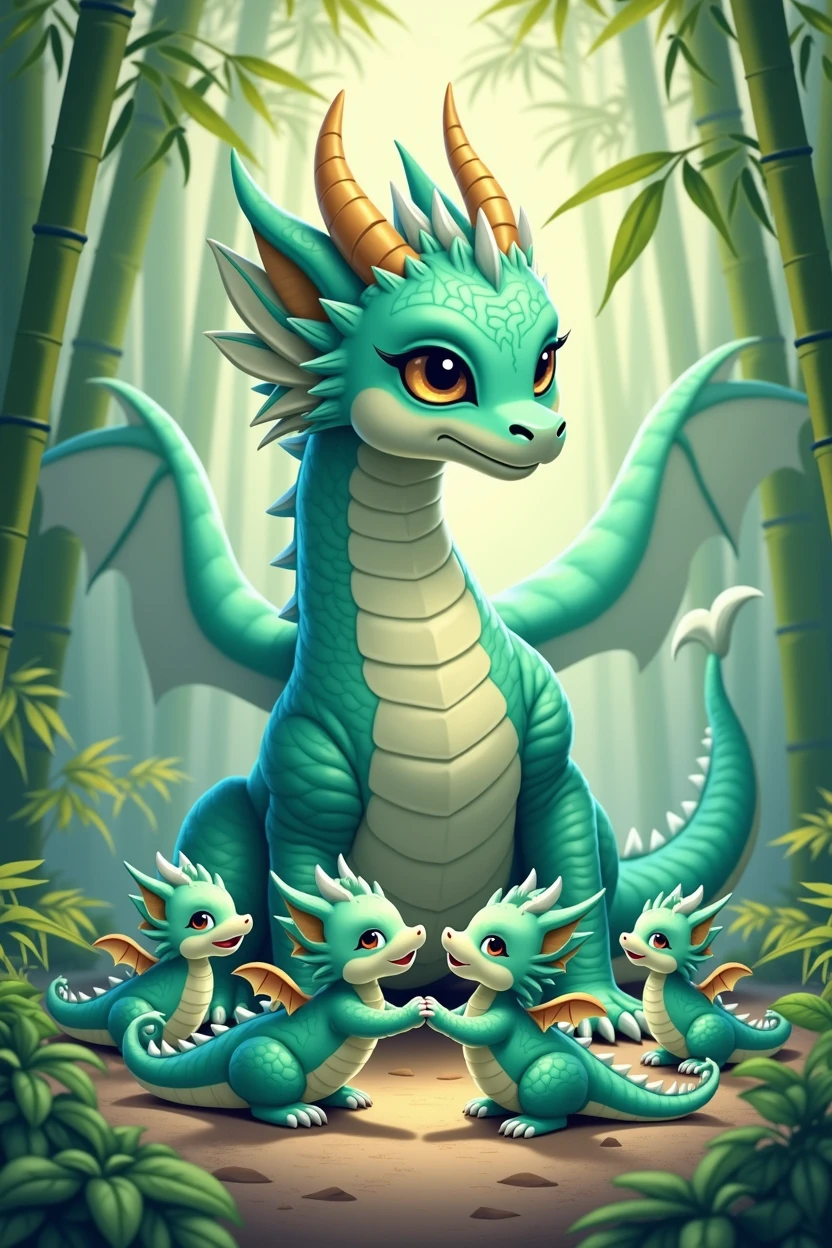 A tiffany green dragon,huge,on the ground,Several little dragons held hands with him,Little Dragon Precision,cute style,background chinese style,forest