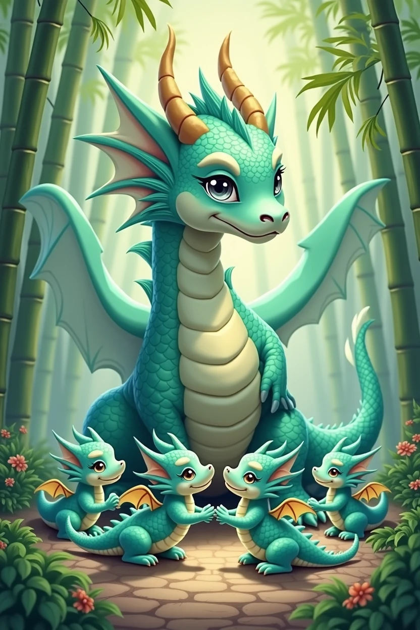 A tiffany green dragon,huge,on the ground,Several little dragons held hands with him,Little Dragon Precision,cute style,background chinese style,forest