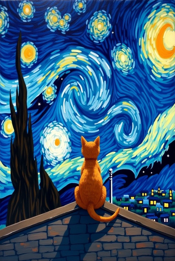 Create a square painting, 12 by 12 units.
Subject: A really small cat sitting on a roof looking at the starry night
Style: acrylic color
Orientation: Facing the back looking up
Background: actual the starry night painting by van gogh
