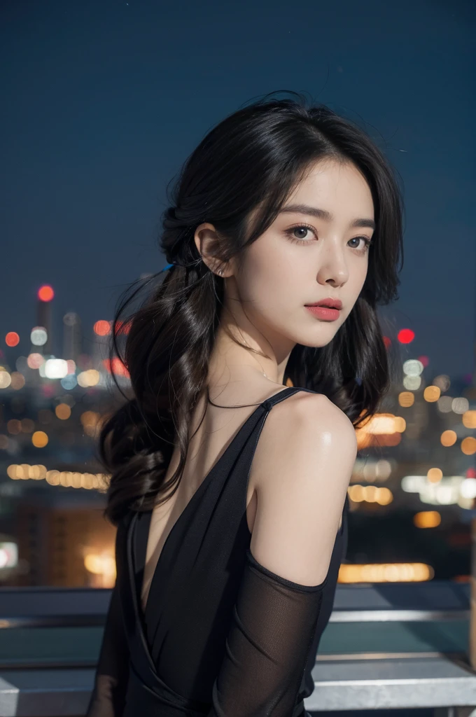 (((best quality))),(((ultra detailed))),(((masterpiece))),illustration,((1girl,Rui Kisugi,solo)),((slim,thin)),((small breasts,flat chest)),(long wavy hair:1.2),(dark purple tight clothing:1.3),(cyan ribbon around waist:1.3),(On the roof of skyscraper:1.3),(city view:1.2),(night scene:1.3),elegant,confident,athletic,curves,(slender legs:1.2),waist,concrete,glass,buildings,starry sky,natural beauty,captivating,thought-provoking,((from front,upper body))