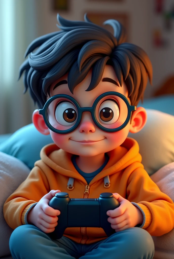 A cute boy with big glasses and even bigger eyes holding a video game controller