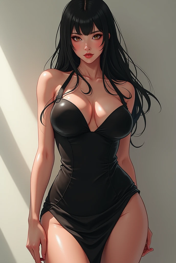 Asian girl, From behind looking at viewer, huge ass, cold stare, sexy, huge breasts,score_9, score_8_up, score_7_up, 1girl, source_anime, haughty, low angle view, muscled thighs, sexy thigh dress, shiny skin, wet, sideboobs, black dress, front view, hard nipples, wet pussy