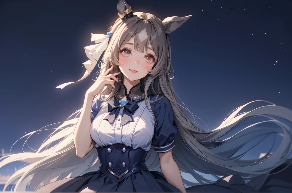 Satono Diamond(Horse Girl)、Dark blue nurse hat、Dark blue nurse uniform、Beautiful breasts、Beautiful girl with horse ears against the backdrop of a night view。Smiling at the camera、Raise your hands above your head、Depicting the body from the knees up