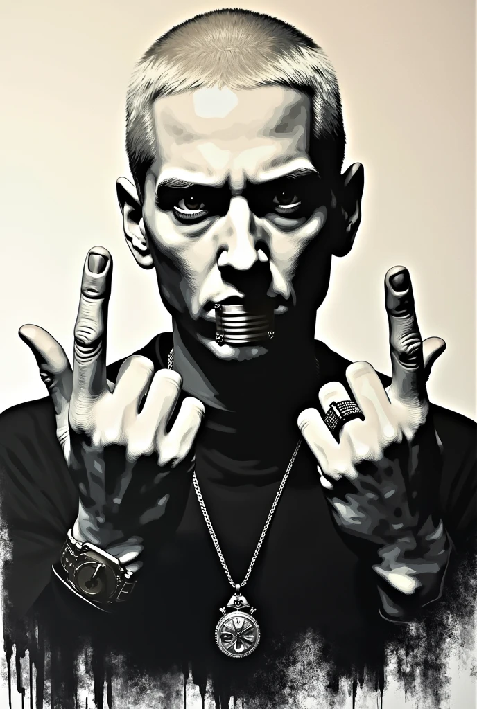Stencil Artwork of Slim Shady with his mouth Taped & middle fingers up