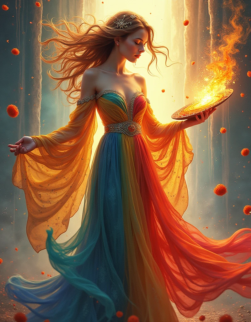 (Goddess of Art:1.4), (masterpiece:1.4, best quality), (photo realistic:1.4), ethereal and inspiring appearance, embodying creativity and beauty, dressed in flowing, artistic robes adorned with intricate patterns and colors that blend seamlessly, (hair styled like flowing brushstrokes, with vibrant hues:1.2), (((eyes reflecting the colors of a painter's palette, filled with passion and inspiration:1.2))), holding a paintbrush or palette that radiates with the colors of the rainbow, surrounded by swirling artistic elements like splashes of paint, musical notes, and sculpted forms, (background of a dreamlike studio or a cosmic canvas filled with abstract shapes and vibrant colors:1.2), (soft, warm lighting that enhances her creative aura and the dynamic art around her:1.4), (elegant and graceful pose that conveys her mastery over all forms of art:1.2), rich textures, vibrant and dynamic colors, (bold reds:1.2), (golden yellows:1.2), (deep blues:1.2), (dynamic composition with flowing lines and a sense of creativity and movement:1.2), high-quality and detailed, (awe-inspiring and imaginative atmosphere:1.2), artistic and captivating, perfect image quality, symbolizing creativity, beauty, and the limitless potential of art, captivating and inspirational presence