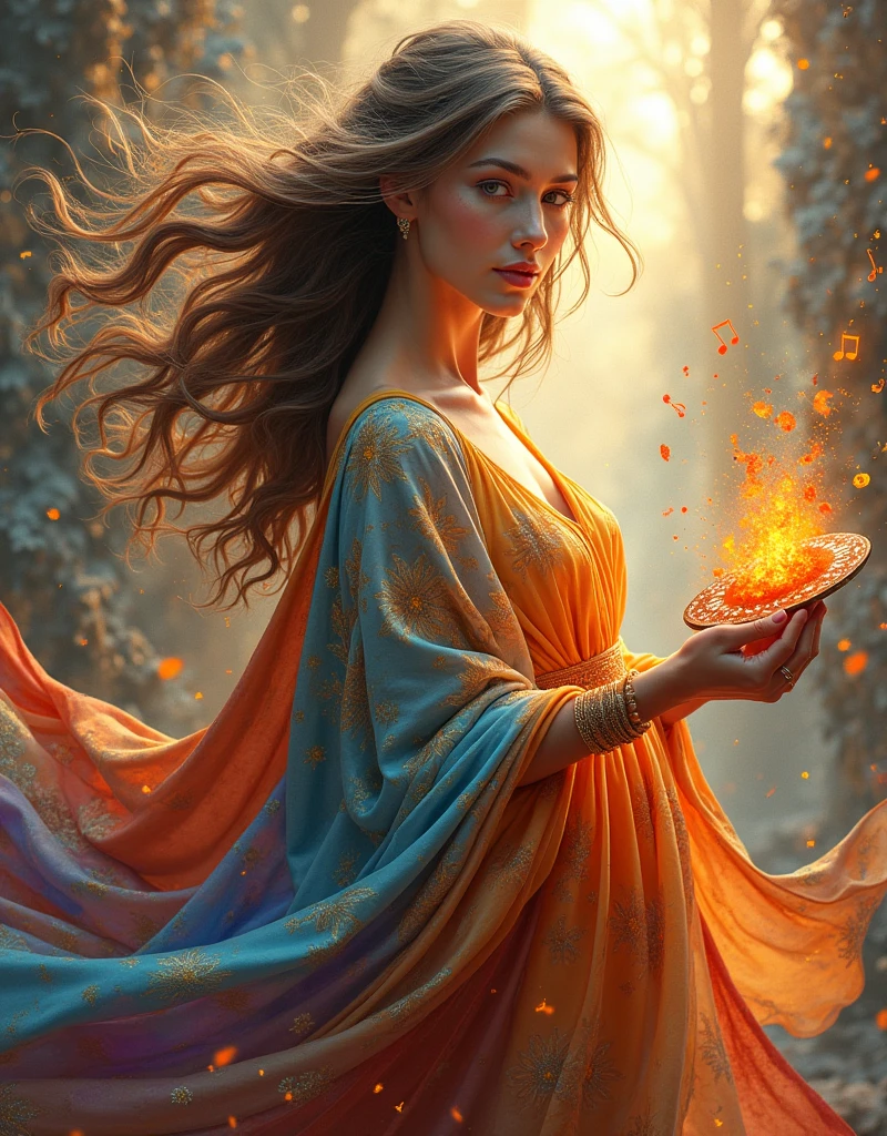(Goddess of Art:1.4), (masterpiece:1.4, best quality), (photo realistic:1.4), ethereal and inspiring appearance, embodying creativity and beauty, dressed in flowing, artistic robes adorned with intricate patterns and colors that blend seamlessly, (hair styled like flowing brushstrokes, with vibrant hues:1.2), (((eyes reflecting the colors of a painter's palette, filled with passion and inspiration:1.2))), holding a paintbrush or palette that radiates with the colors of the rainbow, surrounded by swirling artistic elements like splashes of paint, musical notes, and sculpted forms, (background of a dreamlike studio or a cosmic canvas filled with abstract shapes and vibrant colors:1.2), (soft, warm lighting that enhances her creative aura and the dynamic art around her:1.4), (elegant and graceful pose that conveys her mastery over all forms of art:1.2), rich textures, vibrant and dynamic colors, (bold reds:1.2), (golden yellows:1.2), (deep blues:1.2), (dynamic composition with flowing lines and a sense of creativity and movement:1.2), high-quality and detailed, (awe-inspiring and imaginative atmosphere:1.2), artistic and captivating, perfect image quality, symbolizing creativity, beauty, and the limitless potential of art, captivating and inspirational presence