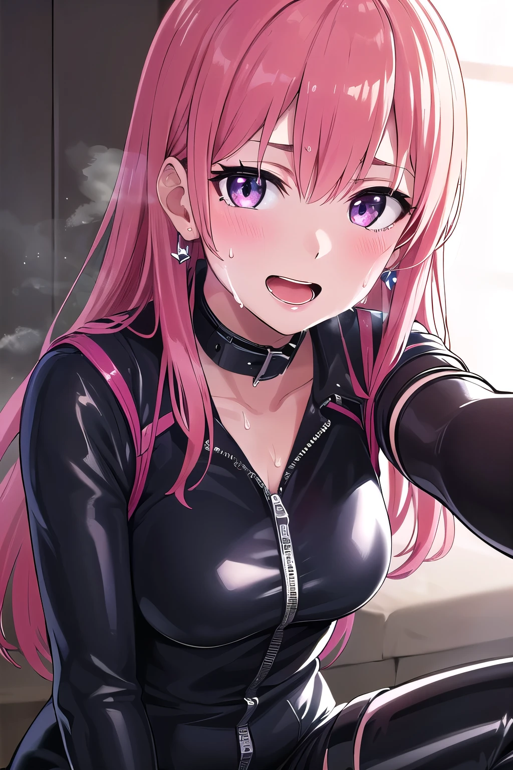 (8K, top-quality, masterpiece:1.2), ( Super Detail), (One girl), (Highly detailed), (beautifully detailed eyes), (of the highest quality), (super detailed ), (masterpiece), (Detailed face), ((pink hair,long hair)), medium breasts, clothed, Perfect Lighting, BREAK, (black glossy bodysuit:1.3), high neck with a full zipper, (glossy fabric:1.1), (black tights:1.2), matte finish, (thigh-high boots:1.1), sleek and slim, (silvery earrings:1.1) with a touch of sparkle, glossy makeup, sleek hair, fitted and sexy silhouette, stylish and modern look, BRAKE, (upper body and thighs:1.1), (smile:1.1), (face turned slightly:1.1), (sitting with legs spread:1.2), on a sofa, (white background:1.1), (dramatic lighting:1.1), BRAKE (sweat:1.5), (steam:1.2), (masturbation:1.2), (girl trembling with sexual climax:1.1), (looking at viewer:1.3), (open mouth:1.2), (aroused smile:1.2),(Collar: 1.3), (Bracelet: 1.3)