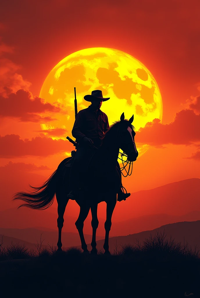 ((Best Quality)), ((masterpiece)), (detailed), Sunset background in the old west (apocalyptic), the silhouette of a cowboy in the middle with a wide-brimmed hat, mounted on a black horse with a rifle slung across his back, with short hair, lugubrious, (Highlighting the background slightly).
