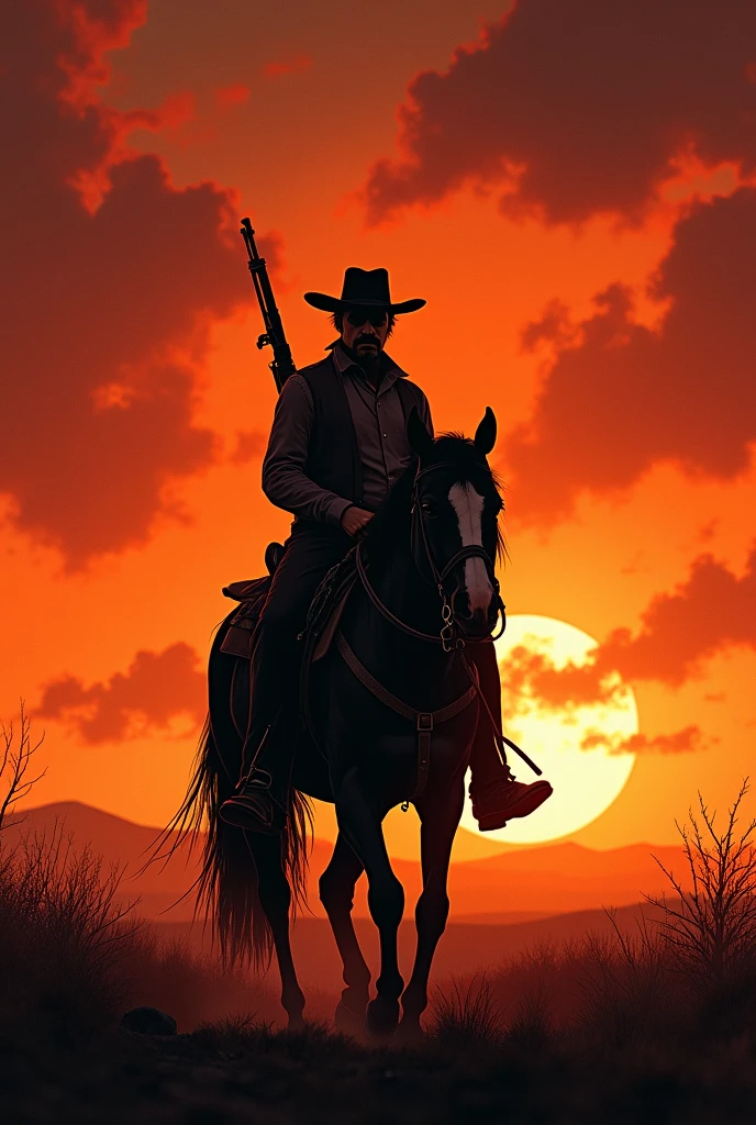 ((Best Quality)), ((masterpiece)), (detailed), Sunset background in the old west (apocalyptic), the silhouette of a cowboy in the middle with a wide-brimmed hat, mounted on a black horse with a rifle slung across his back, with short hair, lugubrious, (Highlighting the background slightly).