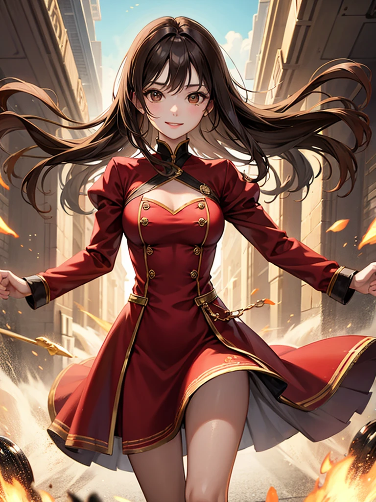 ((Highest quality)), ((masterpiece)), (detailed)、((Female))、Brown Hair、Brown eyes、The background is a battlefield、A young woman jumping around energetically、Red dress、Cute smile、Perfect body