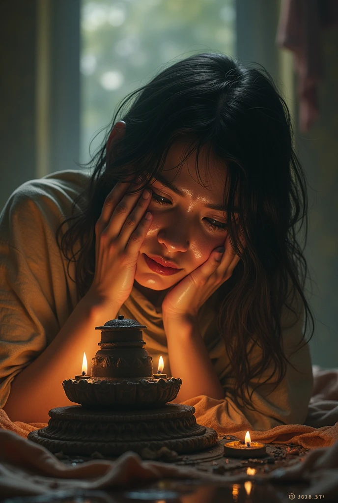 A girl shedding her tears on a shivaling  
