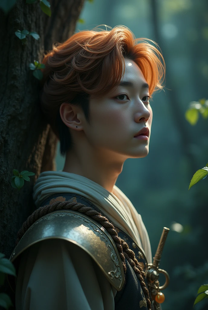 young man, nineteen years old. porcelain skin, angelic face. big, shiny eyes, gray like clouds. dull orange wavy hair. oval face. straight, small nose. thick lips. defined eyebrows. looking to the side. He wears silk cloth, bronze armor. big cheeks He is in a dark forest. young korean